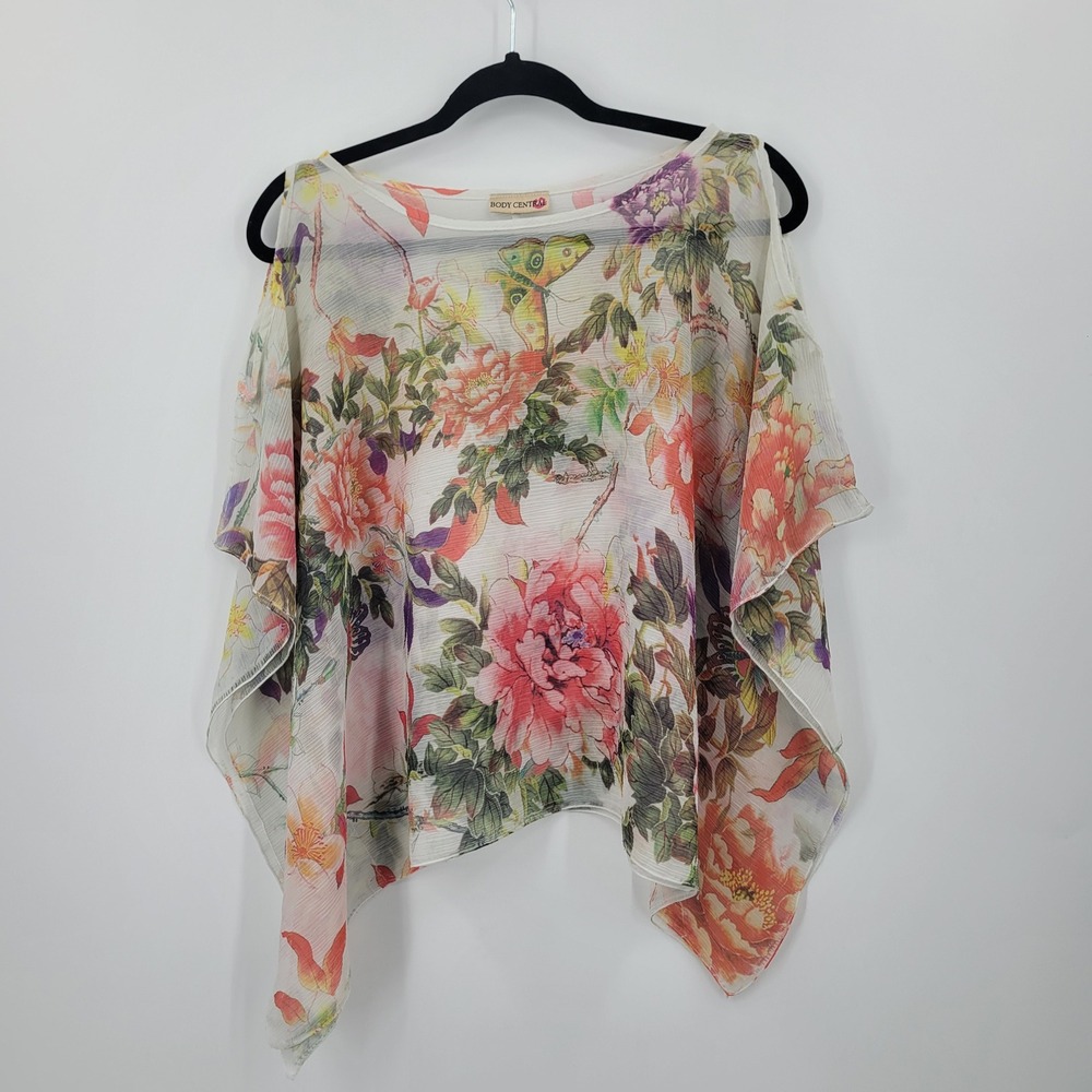 Y2K Body Central‎ Fairy Boho Floral Sheer Cold Shoulder Poncho Kaftan Top  OS
